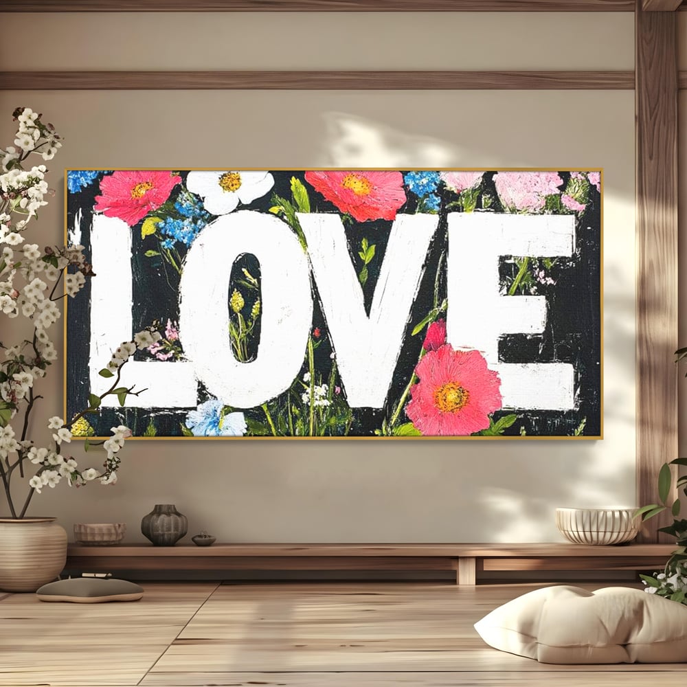 Tablou canvas cu tablou canvas cu flori si cuvantul love, in rama de aluminiu auriu
